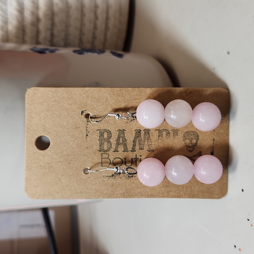 Hand Crafted Rose Quartz Round Beads 925 Hardware Earrings - Picture 2 of 4